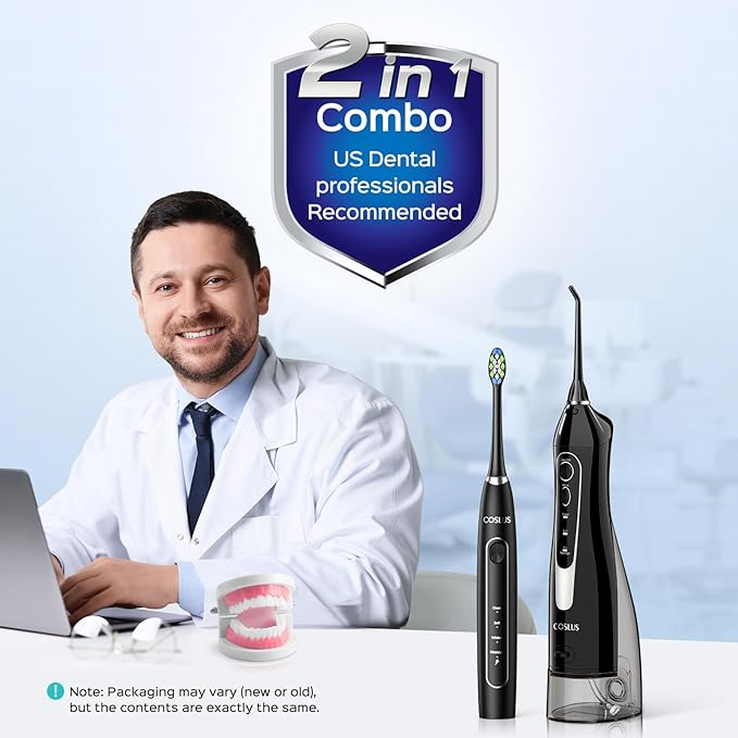 COSLUS C20 & C41 Portable Water Flosser with Electric Toothbrush Combo: 2-in-1 Oral Clean Kit for Teeth, Braces, Gums Care - Brushing & Flossing for Adults, Family, Travel Use, BPA-Free, Black