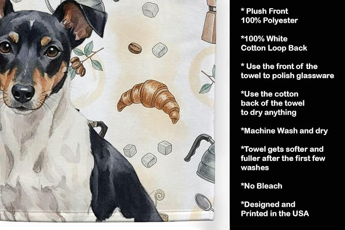 Caroline's Treasures Black and White Rat Terrier Coffee Bar Kitchen Towel Velour Plush Front and Cotton Loop Back Machine Washable
