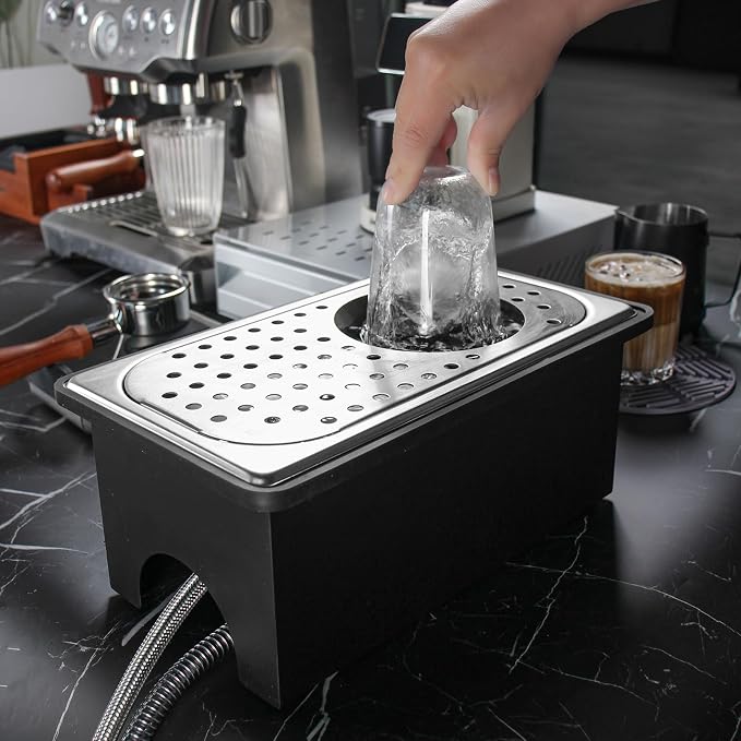 DIBTSA Pitcher Rinser with Base and Drip Tray, Stainless Steel Countertop Glass Rinser Cup Washer Sink with Side Spray, 13.38" x 7.48" x 5.7", Silver A