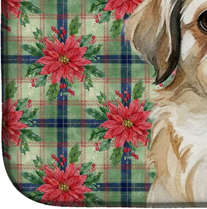 Caroline's Treasures Fawn Pekingese Christmas PoinsettIas Dish Drying Mat Absorbent Dish Drying Mat Pad for Kitchen Counter Dish Drainer Mat for Countertop, 14 x 21", Multicolor