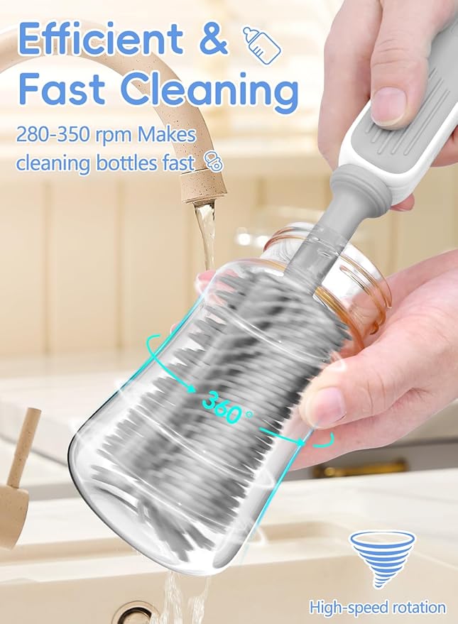 Electric Baby Bottle Brush Cleaner for Travel – BPA-Free Silicone, One-Button 360° Deep Cleaning, 2000mAh Rechargeable, Portable Bottle Cleaning Kit with Storage Box for Home & On-The-Go (Grey)
