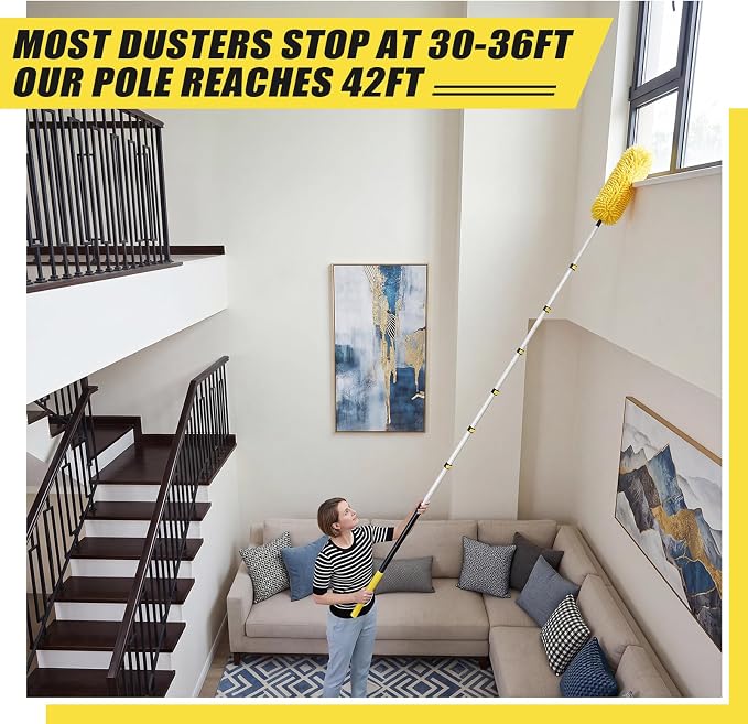 7.7-42ft Long Christmas Light Hanger Pole with Utility Hook, Telescopic Extension Pole Multi-Purpose for Christmas String Lights Installation Painting Cleaning Without Ladder (Yellow)