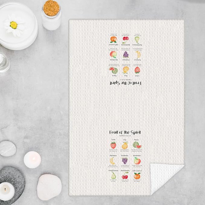 Fruit of The Spirit Christian Kitchen Towels, Bible Verse Gifts Dish Tea Towels for Kitchen Decor, Fruit Positive Affirmations Religious Scripture Hand Towel, 16x24 Inches