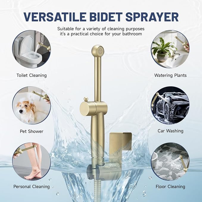 Handheld Bidet Sprayer for Toilet, Handheld Sprayer Attachment for Toilet with Adjustable Pressure Control Brushed Gold Bathroom Fixture Bidet Sprayer Sets, Brass