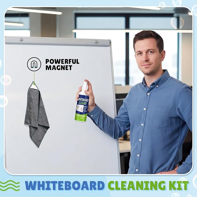 Fuyoooo 12 Pcs Whiteboard Cleaner Spray Dry Erase Board Cleaner with Magnetic Cloth White Board Cleaning Spray Removes Stubborn Marks from Whiteboards Chalkboard (250ml)