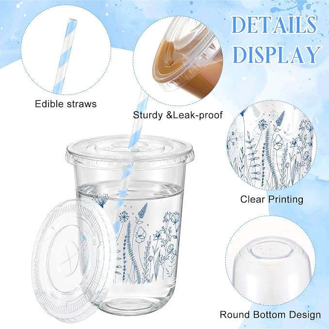 LemonRoad 50sets 16oz Blue Flower Cups Blue Birthday Party Decorations Supplies Cute Plastic Cups Disposable with Lids and Straws for Valentines Galentines Day Christmas Wedding Baby Shower