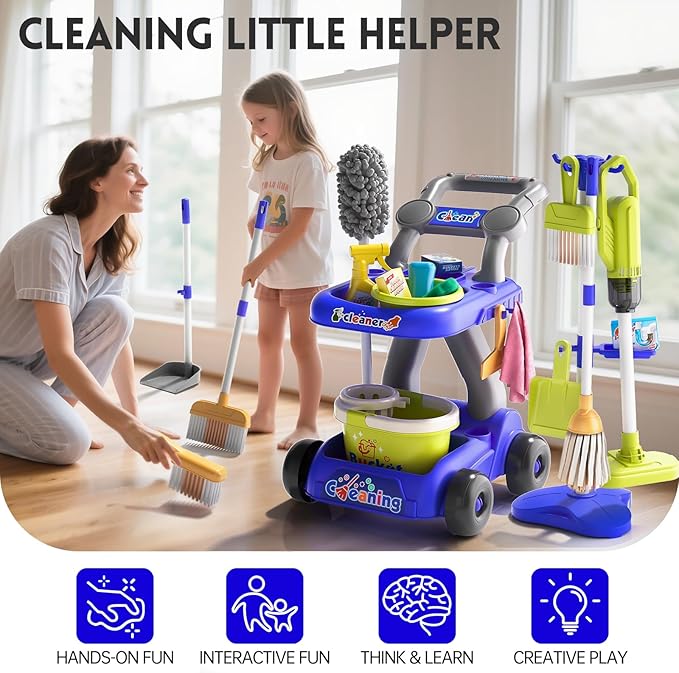 Kids Cleaning Toy Set, Educational Pretend Play Cart with 29 Pcs, Detachable Housekeeping Tools for Toddlers