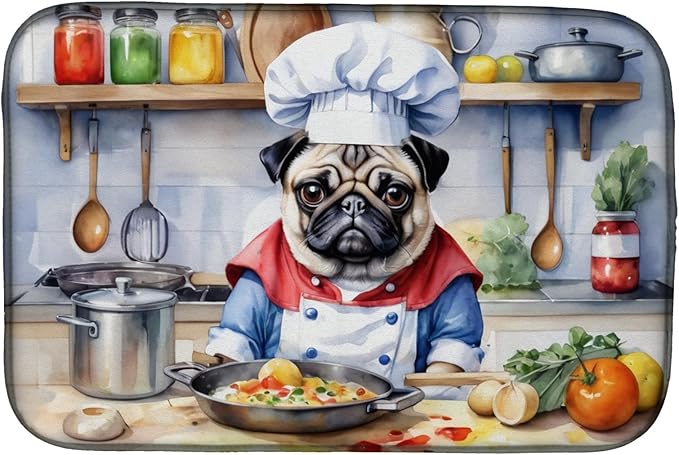 Caroline's Treasures DAC6311DDM Pug The Chef Dish Drying Mat Absorbent Dish Drying Mat Pad for Kitchen Counter Dish Drainer Mat for Countertop, 14 x 21", Multicolor