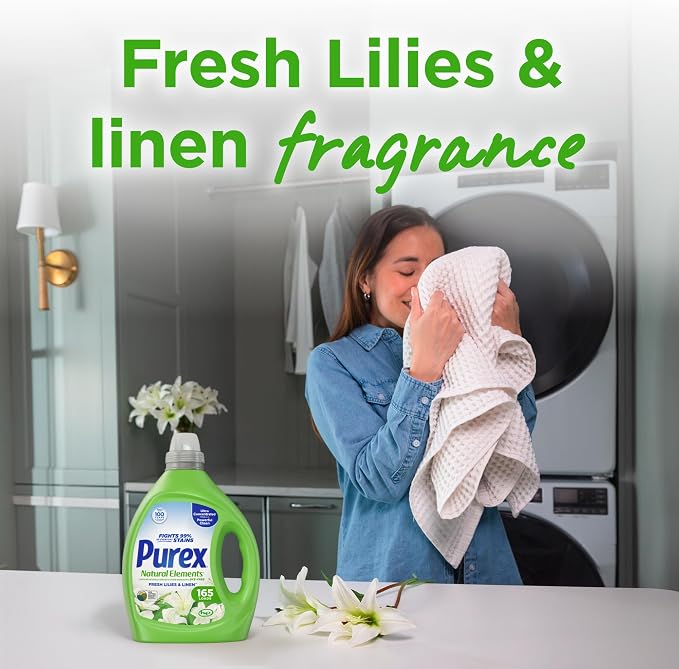 Purex Natural Elements Fresh Lilies & Linen Liquid Detergent, 82.5 oz, 165 Loads, Ultra-Concentrated, Dye-Free, USDA Certified Biobased Product