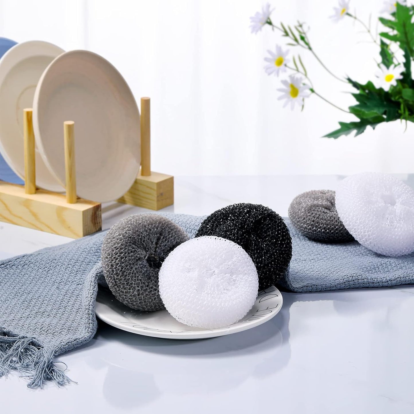 Blulu Plastic Dish Scrubbers for Dishes Pot Round Nylon Pad, Mesh Scouring Non Scratch Pads(Simple Colors,30 Pieces)