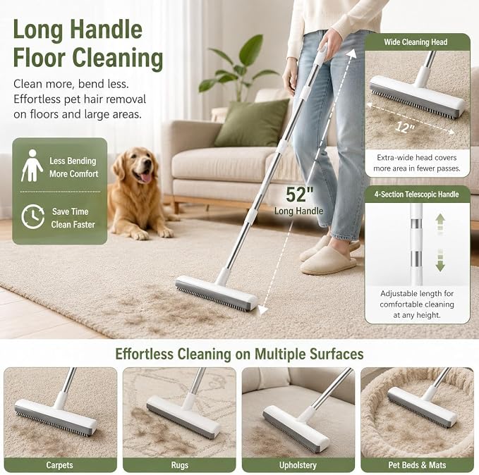 GOOGO Pet Hair Removal Tool Kit, 3 in 1 Carpet Rake Set with White Long Handle Brush, Mint Green Scraper and Scalable Pet Broom Glove for Carpets, Couches and Cars | Includes a white 52-inch carpet rake, mint green scraper and grooming glove for pet ha...