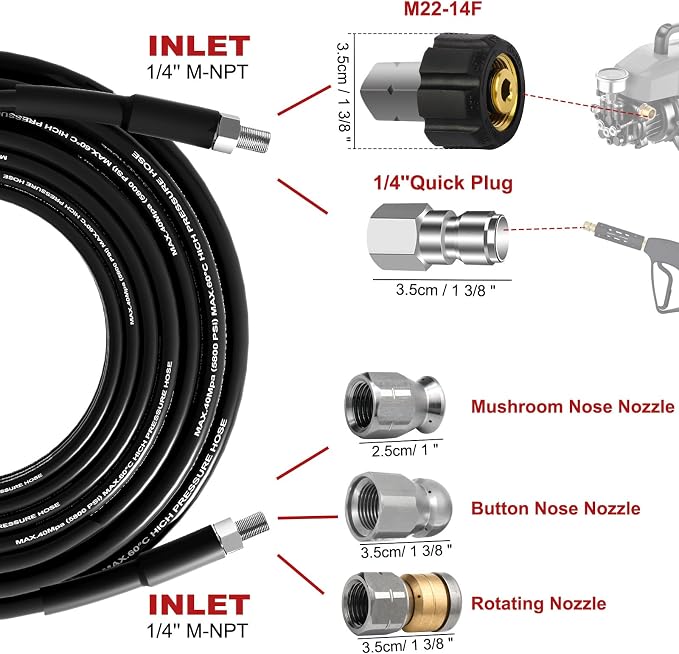 100 FT Sewer Jetter Kit for Pressure Washer, 5800 PSI High-Pressure Drain Cleaning Hose, 1/4 Inch NPT with 3 Nozzles, Watertight Tape, Handle Strap & 2 Spanners, Drain Cleaning Solution