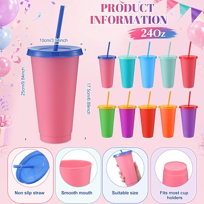 Honeydak 30 Pack Tumbler with Straw and Lid Bulk Cups for Gifts Water Bottle Iced Coffee Travel Mug Cup Reusable Plastic Tumblers for Party Birthdays 24-27 oz (Pastel and Bright Color)