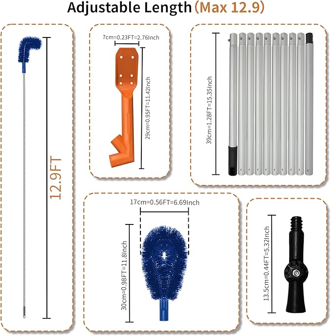 Longtor 12.9FT Gutter Cleaning Tools from Ground – Aluminum Extension Pole with Bendable Brush, Deep Scoop & Swivel Head, Telescopic Roof Cleaner for Gutters/Swimming Pool, No Ladder Required