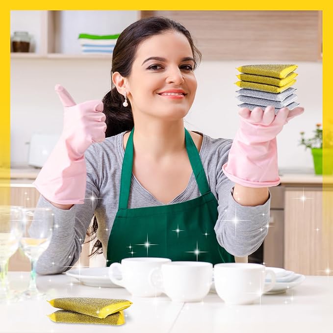 Thyle 24 Pack Steel Scrub Sponges for Dishes Non Scratch Scouring Multi Use Metal Scrubber Heavy Duty Dish Wash Kitchen Sponge for Pot Dish Washing Hard Surface Cleaning (Gray,Yellow)