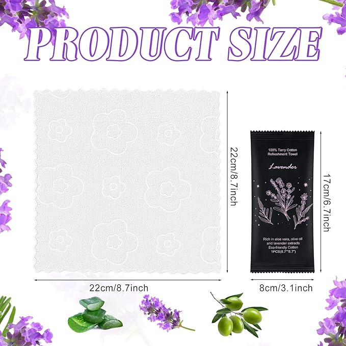 Hot or Cold Moist Cotton Towel Bulk Moist Towelettes Individually Wrapped 8.7" x 8.7",White Towel Services,Refreshment Pre Moistened Towels Lavender Scent for Travel Sport Party Spa Dentist Hotel200