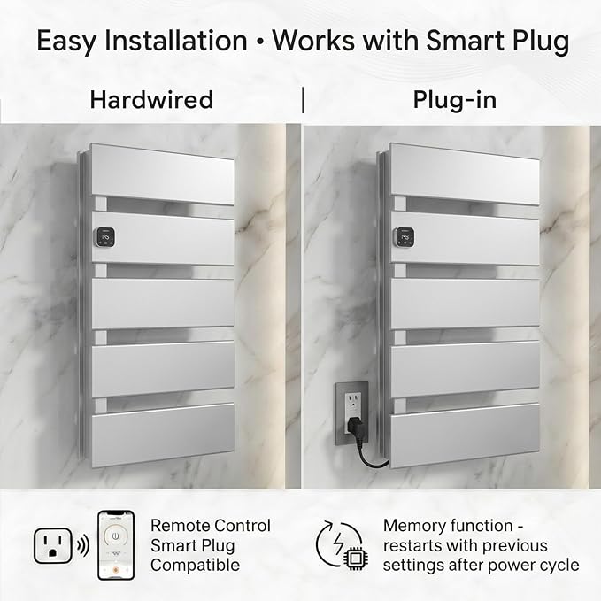 L Series Electric Towel Warmer for Bathroom, 5 Panel, Silver | Thermo Control and Timer, Fast Heat in 3 Mins, Dry Towels in 4 hrs, Memory Function, Work with Smart Plug, Left-Wiring