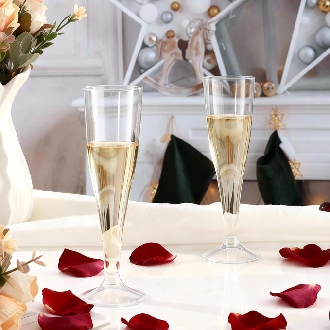 Bestluck 100 Pack Champagne Flutes Plastic, 4.5 oz Clear Plastic Disposable Stemware, Disposable Champagne Flutes for Party, Mimosa Bar, Wedding, Anniversary and Graduation