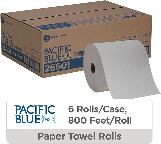 Pacific Blue Basic Recycled Paper Towel Rolls by GP PRO (Georgia-Pacific), White, 26601, 800 Feet Per Roll, 6 Rolls Per Case