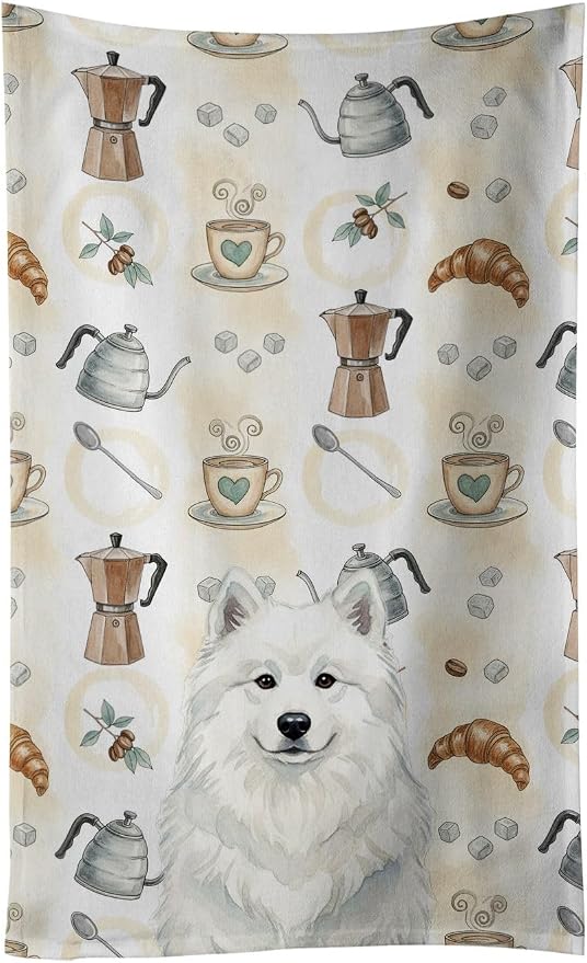 Caroline's Treasures White Samoyed Coffee Bar Kitchen Towel Velour Plush Front and Cotton Loop Back Machine Washable