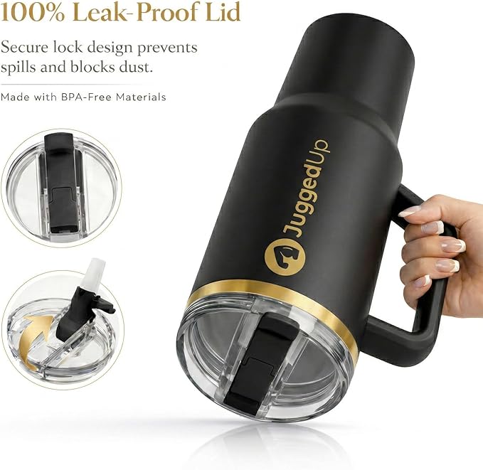 Hydra 40oz Insulated Stainless Steel Tumbler with Handle & Flip Straw Lid – Leak Proof Vacuum Travel Mug, Cup Holder Compatible, BPA Free – Onyx Gold