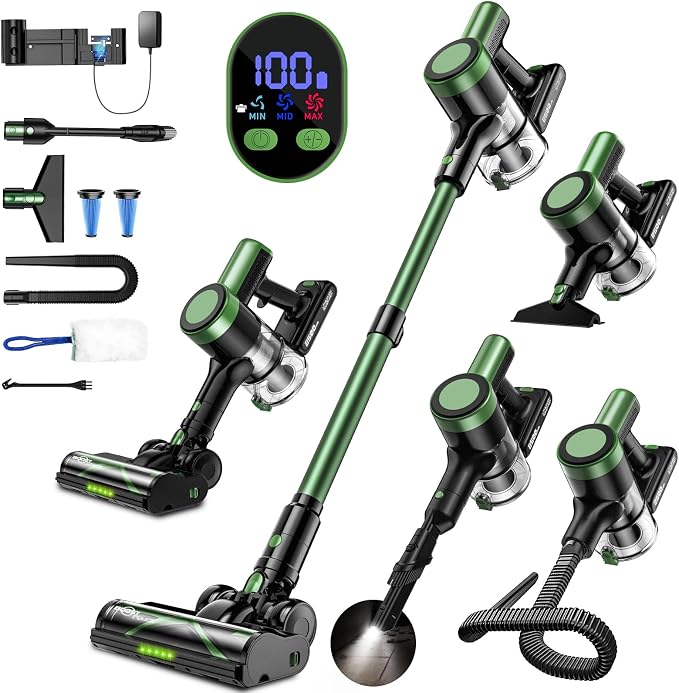 Cordless Vacuum Cleaner, 10 in 1 Vacuum Cleaners for Home, Ultra-Long Runtime Stick Vacuum with Self-Standing & LED Display, Anti-Tangle & Wall Mount Charging