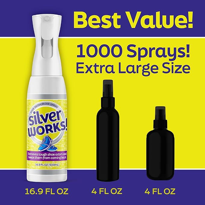 SilverWorks! Shoe Deodorizer Spray For Smelly Shoes - Shoe Odor Elimination - Boot, Sneaker, Shoe Smell Eliminator - Stinky Shoes Odor Eliminator, Shoe Freshener Spray -16.9oz
