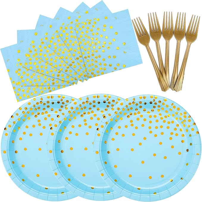 150 PCS Blue and Gold Paper Plates Napkins Forks Party Supplies Serves 50, Golden Dot Disposable Paper Dinnerware 9" Plates for Birthday, Baby Shower, Boy Birthday