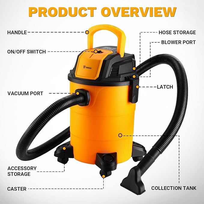 DEKOPRO Shop Vacuum Wet and Dry:4-Gallon 3 Peak HP Portable Shop Vac, Car Vacuum with 6Ft Hose, 10 Ft Cord, Wet Dry Vacuum Cleaner with Filter and Brush Accessories for Homes, Pets, and Cars