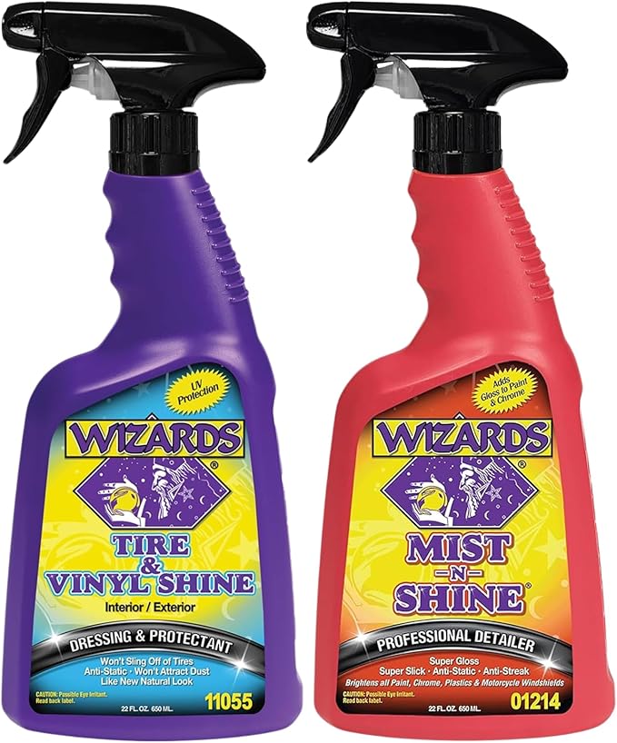 Wizards Mist-N-Shine Detail Spray and Tire & Wheel Vinyl Shine Bundle - 22 Oz - Car Exterior Cleaner for Auto Detailing Supplies - Cleans and Protects Tires, Wheels and Trim