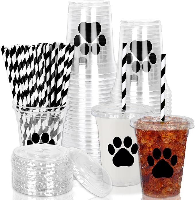 Whaline 50Pcs Paw Print Disposable Plastic Cups with Lids and Straws 12oz Dog Party Cups Black Cold Beverage Drinking Cups for Puppy Birthday Baby Shower Party Supplies