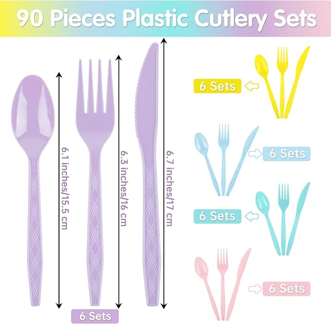 Kochorie 90 Pieces Pastel Plastic Cutlery Set Macaron Colors Disposable Plastic Utensils Colorful Heavy Duty Flatware Set Includes 30 Knives 30 Forks 30 Spoons for Easter, Birthday, Tea Party, Wedding