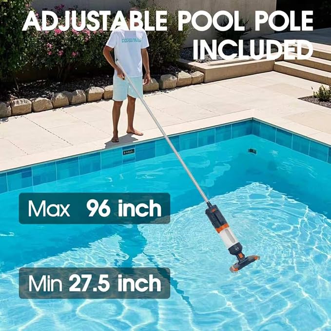 Cordless Pool Vacuum-25 Micron Fluff Ultra Fine Filter, 98inch,True Powerful Suction 18.9GPM,1H Runtime, Handheld Rechargeable Hot Tub Cleaner with Poles for Above Ground&Inground Pool