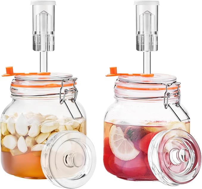 Jillmo 1 Liter Fermentation Jar, Square Glass Fermenting Kit with Weight for Making Sauerkraut, Hot Sauce, Mead, Cider and More, Pack of 2