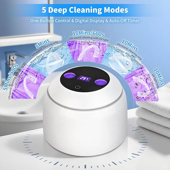 Ultrasonic Retainer Cleaner Machine, 45kHz Dental Ultrasonic Cleaner for Denture, Mouth Guard, Aligner, Braces, Toothbrush Heads, Jewelry, 5 Modes Cleaning, Digital Timer & 200ML Capacity