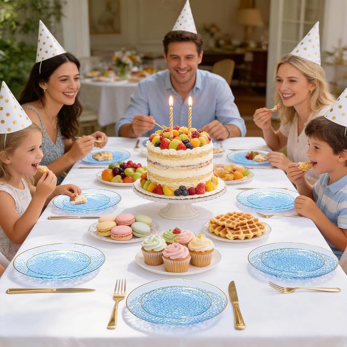 DaYammi 240Pcs Blue Dessert Plates Set Including 120Pcs Blue Cake Plates and 120Pcs Gold Forks,Hammered Party Plate,Gold Rim Appetizer plates Heavy duty Disposable Plastic Plate for Wedding Birthday