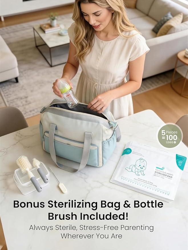 Grownsy Bottle Sterilizer and Dryer, 6 Bottles Capacity, Space Saving Nesting Design Bottle Sanitizer Esterilizador de Biberones for All Size Bottles & Breast Pump Accessories, Travel Set Included