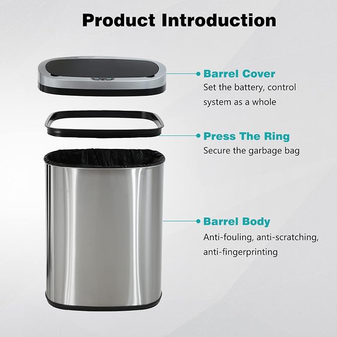 PayLessHere 13 Gallon / 50 Liter Trash Can Stainless Steel Touchless Trash Bin Oval Shape Office Waste Bin for Kitchen Bathroom Bedroom Living Room with Lid Powered by Batteries (not Included)