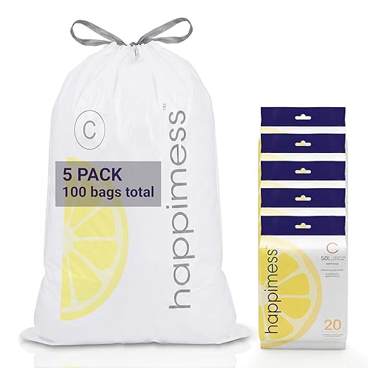happimess 13.2 Gallon (50L) Drawstring Trash Bags, Lemon Scent, White, Heavy Duty MDPE Liners for Kitchen and Household, Odor Control, Custom Fit 100 Count (5 Packs of 20 Liners) HPM3100C-W-5SET