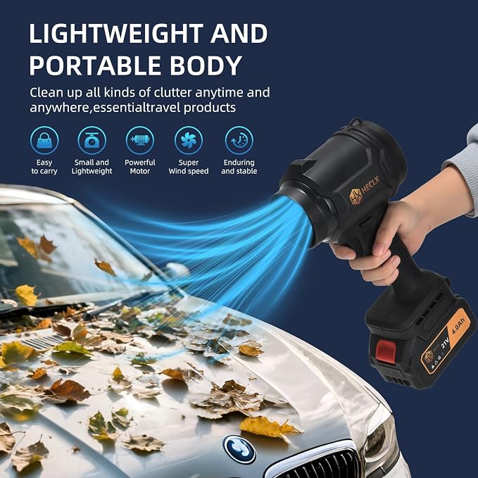 Leaf Blower Cordless, Snow Blower Cordless with Battery and Charger, Car Dryer Air Blower, Handheld Leafs Blower Dryer Air Blowers for Patio Cleaning, Black