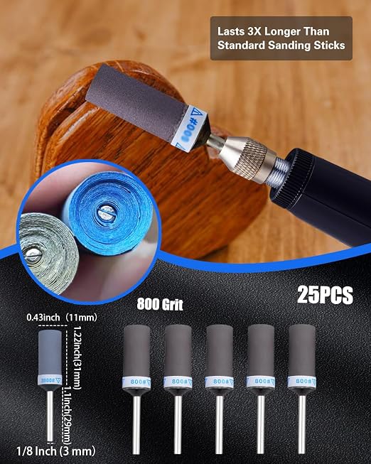 800 Grit Sanding Drums for Dremel Rotary Tools Accessories, 25PCS Sanding Bits Kit for Dremel Sanding Bands with 1/8 inch Shank, Sandpaper Sticks Set for Plastic Wood Metal Grinding Polishing