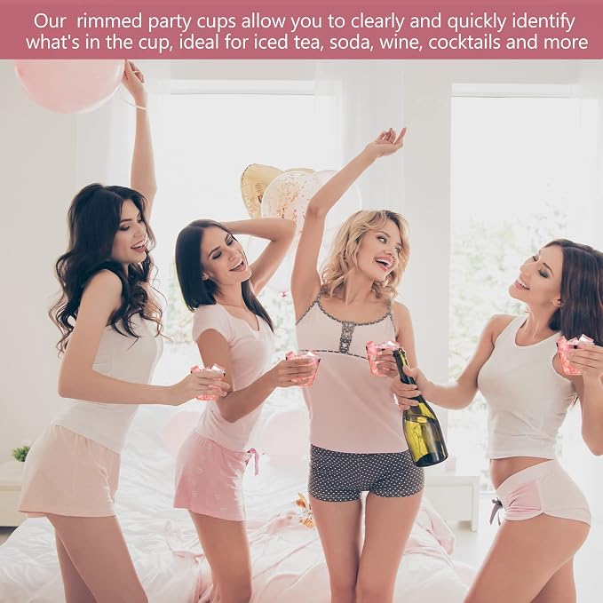 Lounsweer 100 Pcs 9oz Rimmed Plastic Cups Wedding Clear Cocktail Cups Heavy Duty Disposable Wine Glasses for Birthday Bridal Shower Baby Shower Holiday Celebrations(Pink)