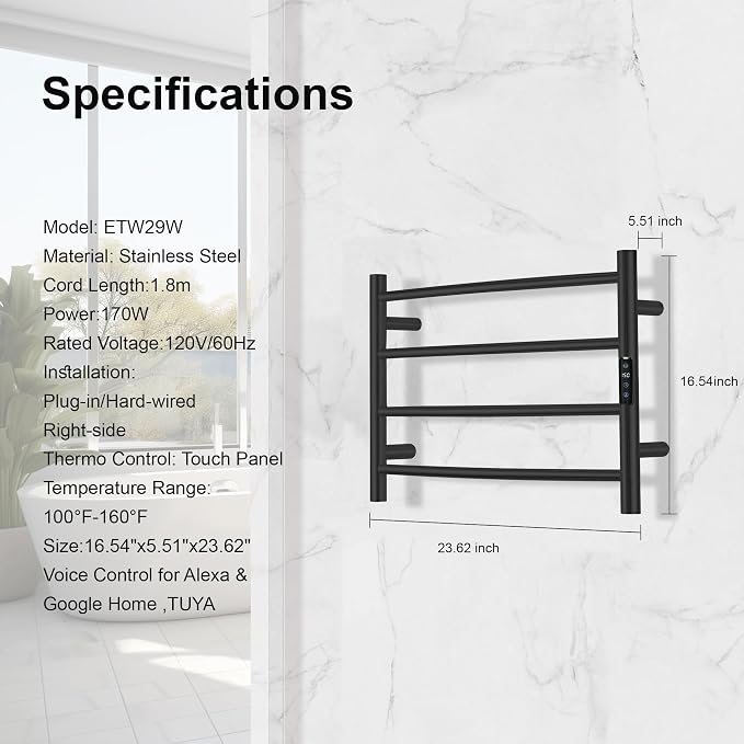 Electric Towel Rack with Voice Control for Alexa & Google Home,TUYA - Wall-Mounted Bathroom Heating Towel Warmer,Plug-in,Stainless Steel Material,16.54x23.62x5.51 in,Black,4 Bars
