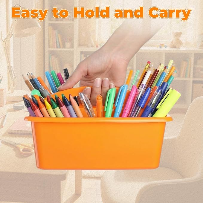 Kathfly 12 Pack Caddy Organizer with Handle, Stackable Organization Storage, Small Plastic Basket Classroom Caddy for Table Desk Office Pencil Kids Room Craft Art Teacher School Supplies (Blue Orange)
