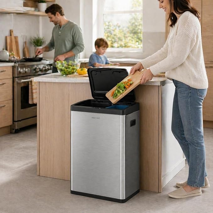 Step N' Sort Motion Sensor Trash Can (60L) – Touchless Stainless Steel Kitchen Garbage & Recycling Bin with Dual Compartments, Soft-Close Lid & Fingerprint-Proof Finish