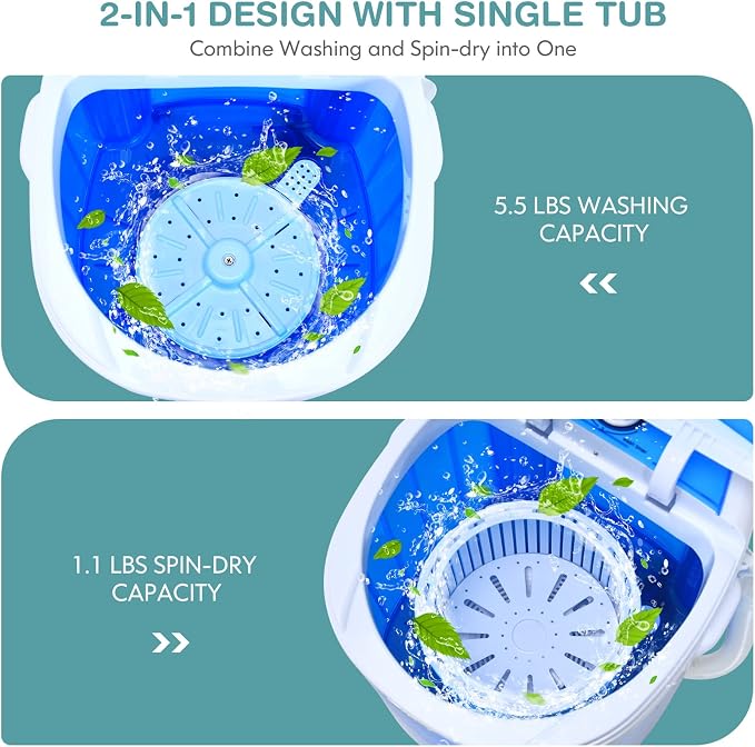 Mini Portable Washing Machine, 5.5 LBS Capacity Washer Machine and Spinner Combo with Spin Tub & Drain Hose, Small Semi-automatic Portable Washer for Apartment Dorm RV (Blue)