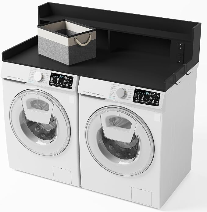 Upgraded 2-Tier Washer and Dryer Countertop with Power Outlet,54" W x 27.6" D Large Laundry Countertop for Fold Clothes, Laundry Topper with Non-Slip Pads & Metal Hooks and Storage Basket