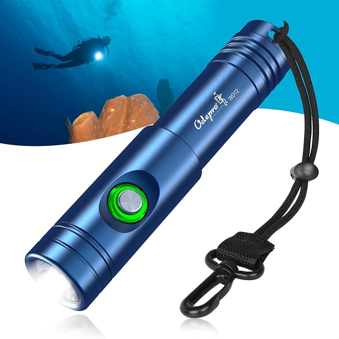WD12 Dive Light - 1400 Lumens Compact Scuba Diving Backup Light with 3 Modes, IP68 Waterproof Submersible Torch, Underwater Snorkeling Flashlight with Push Button