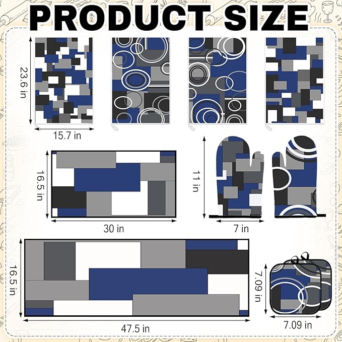 10 Pcs Navy Blue Kitchen Decor and Accessories Set, 4 Dish Towels Kitchen Rugs 2 Oven Mitts 2 Pot Holders, Home Decor for Cooking Baking BBQ Gifts Women Mom Housewarming
