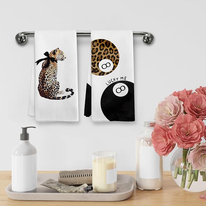 Trendy Leopard Cheetah Print Lucky 8 Ball Bathroom Decor, Preppy Brown Leopard Bow Decor Dish Hand Tea Towels for Bathroom Kitchen Sets of 2, Cheetah Kitchen Towels and Dishcloths, 16x24 Inch